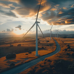 Poster - Five huge wind turbines are spinning in the wind field. depth of field. Generative AI.