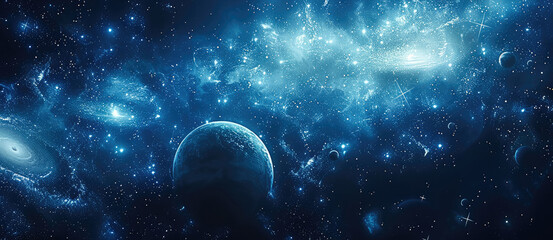 Aufkleber - A background of dark blue space with several planets floating in the distance, with high resolution. Generative AI.