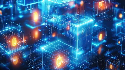 Fototapete - A background of digital blocks and lightbulbs, surrounded by blue technology-style elements such as binary code or circuitry patterns. The cubes form an open space for graphics to be placed on top.