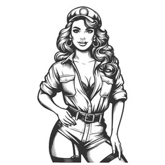 Wall Mural - pin-up woman in a work outfit, combining retro fashion with a confident pose sketch engraving generative ai fictional character raster illustration. Scratch board imitation. Black and white image.