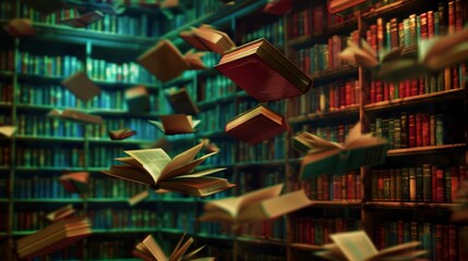 many books float in the air amidst rows of bookshelves filled with bound volumes.