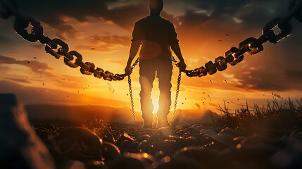 Person with broken chains at the time of the sunrise . vintage concept