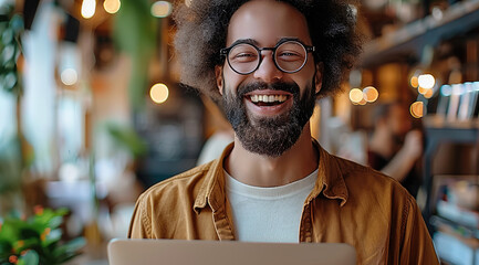 Aufkleber - Happy business owner holding a laptop and excited. Generative AI.