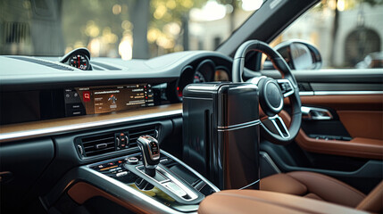 Poster - A sleek black mini fridge is securely placed on the center console of a car. The fridge fits snugly between the front seats, blending with the modern interior design of the vehicle. Generative AI.