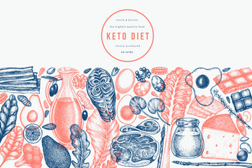 Wall Mural - Keto Diet Design Template. Vector Hand Drawn Healthy Food Banner. Vintage Style Ketogenic Menu Illustration.