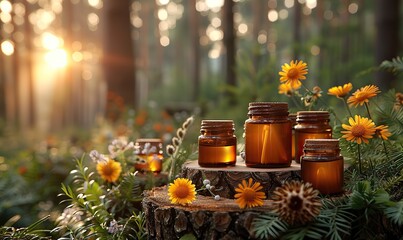 Canvas Print - set of natural organic cosmetic products in amber glass packaging on wooden branch in sunlight of sunset still life