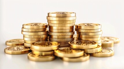 Aufkleber - 3D realistic of the golden coins pile and stacks, vector gold money icons. golden coins currency, shiny gold piles on a white background. Generative AI.