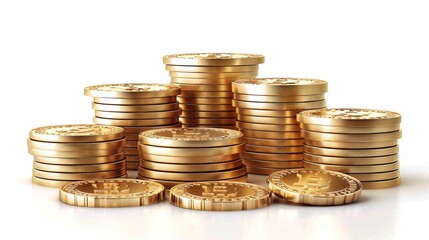Poster - 3D realistic of the golden coins pile and stacks, vector gold money icons. golden coins currency, shiny gold piles on a white background. Generative AI.