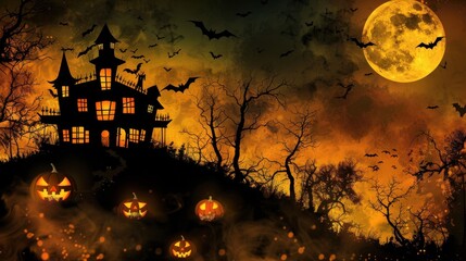 Wall Mural - a spooky halloween scene featuring a haunted house on a hill, surrounded by gnarled trees and illumi