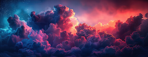Poster - A mysterious and beautiful blue night sky and a red cloud, soft light. Generative AI.
