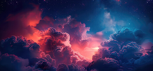 Poster - A mysterious and beautiful blue night sky and a red cloud, soft light. Generative AI.