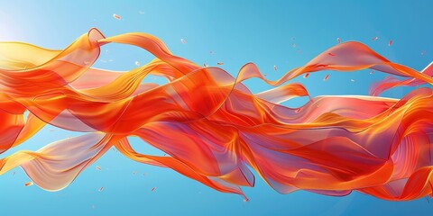 Poster - A background vector illustration of red and orange ribbons flying in the air, with clear sky blue background, low angle shot, bright colors, smooth curves, soft edges. Generative AI.