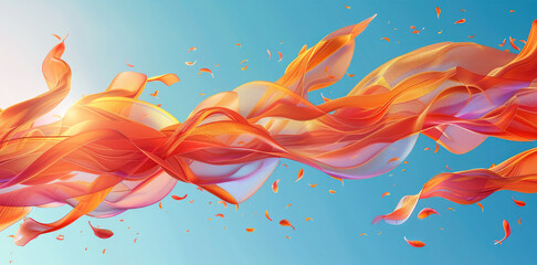 Poster - A background vector illustration of red and orange ribbons flying in the air, with clear sky blue background, low angle shot, bright colors, smooth curves, soft edges. Generative AI.