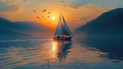 Wall Mural - A sail boat with blue color sail and birds flying above it there are mountains and the setting sun. Generative AI.