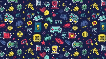 Wall Mural - A retro gaming pattern featuring classic icons and achievements.

