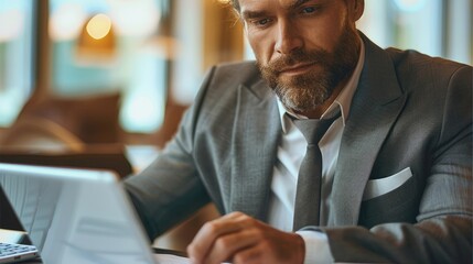 Canvas Print - A businessman sitting at a clean desk, intently focused on a tablet. Generative AI.