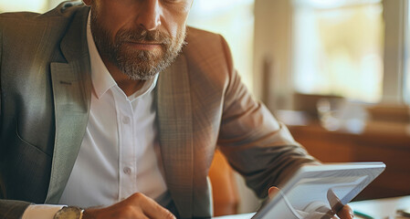 Canvas Print - A businessman sitting at a clean desk, intently focused on a tablet. Generative AI.