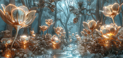 Poster - Long trees, ornament, large forest, flowers, bronze plants, diamond plants, sapphire plants, gold plants, big metal flower. Generative AI.
