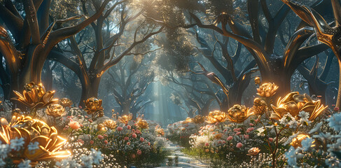 Poster - Long trees, ornament, large forest, flowers, bronze plants, diamond plants, sapphire plants, gold plants, big metal flower. Generative AI.
