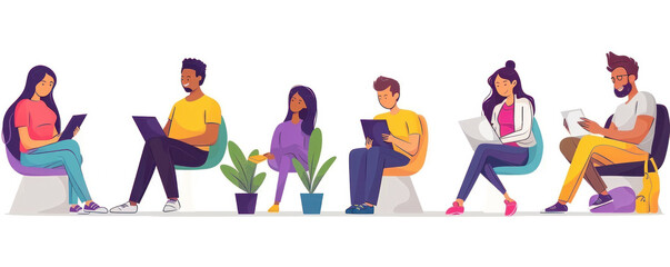 Poster - A group of people are sitting in chairs and using their laptops. Scene is relaxed and casual