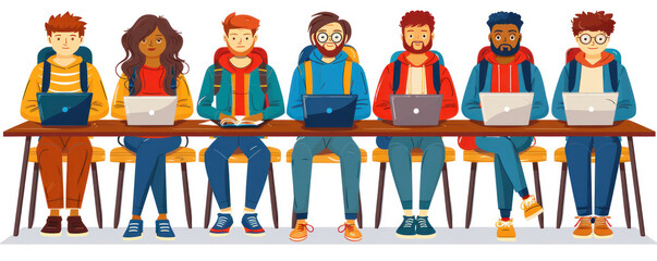 Poster - A group of people sitting at a table with laptops. Scene is focused and studious
