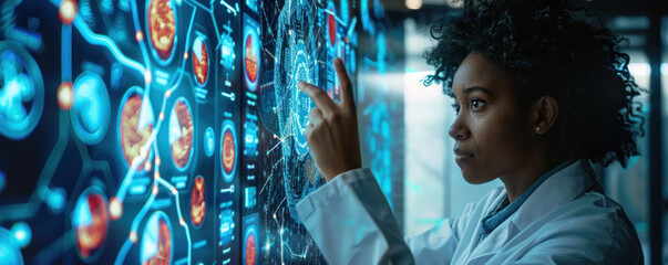 Poster - A woman is pointing at a computer screen with a lot of data on it. She is wearing a white lab coat and she is a scientist. Concept of a busy and complex work environment