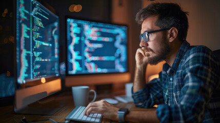 Poster - A man is sitting at a desk with two computer monitors in front of him. He is wearing glasses and he is focused on his work. Concept of productivity and concentration as the man works on his computer