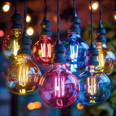 Poster - Colorful bright light bulbs hanging down party lights. Generative AI.