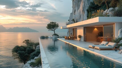 Poster - A minimal house with a small pool and a cozy seating are. The house is situated in on the coast. Generative AI.