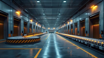 Aufkleber - Industrial Conveyor System in Modern Warehouse. Wide-angle view of an automated conveyor system in a modern warehouse, showcasing advanced industrial logistics and efficient storage solutions.