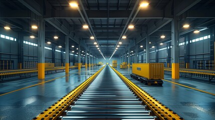 Aufkleber - Advanced Logistics Conveyor in Warehouse Facility. Detailed view of a logistics conveyor system in a spacious warehouse, featuring modern equipment and efficient storage solutions.