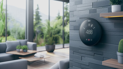 Poster - Advanced home with a smart thermostat that learns and adapts to household schedules, adjusting temperature automatically to enhance comfort and save energy.