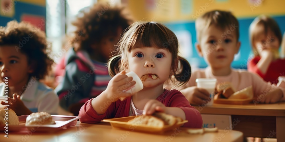 Multicultural school children eating lunch kindergarten classroom ...
