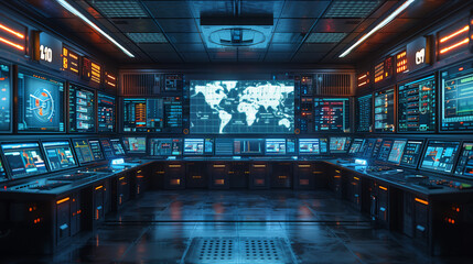Poster - Futuristic Control Room with Advanced Technology. High-tech control room with multiple screens and advanced technology, representing cutting-edge logistics management and global monitoring systems.