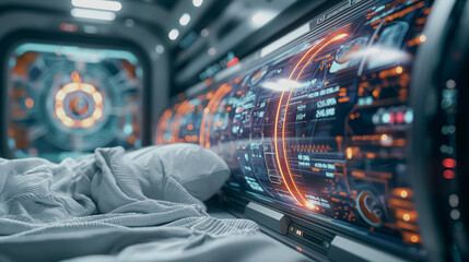 Poster - Advanced healthcare setting with wearable devices tracking patient vitals and transmitting real-time data to doctors for remote care.