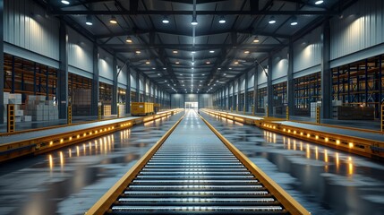 Aufkleber - Industrial Conveyor System in Modern Warehouse. Wide-angle view of an automated conveyor system in a modern warehouse, showcasing advanced industrial logistics and efficient storage solutions.