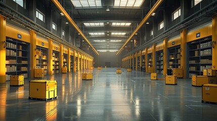 Aufkleber - Automated Logistics Warehouse with Robots. Modern warehouse equipped with automated robots for efficient storage and logistics operations, showcasing industrial automation and innovation.