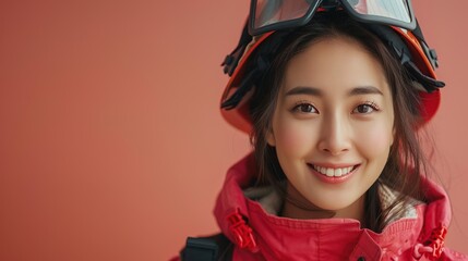 Portrait of laughinghard firefighter korean woman looks in camera. professional costume at isolated background