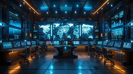Poster - High-Tech Control Room with World Map Displays. High-tech control room with multiple displays showing world maps and data, illustrating global logistics management and monitoring systems.