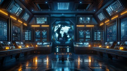 Poster - Advanced Control Room with Data and Global Displays. Advanced control room filled with data and global displays, representing cutting-edge logistics management and monitoring systems.
