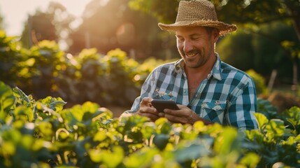 A man in a straw hat is looking at his cell phone while standing in a field of g