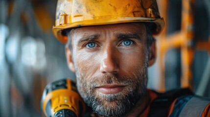 Poster - Builder with a Drill, Close-up of a builder in a helmet holding a drill. Generative AI.