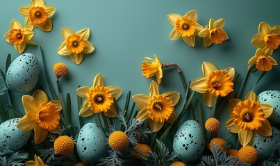 Wall Mural - flat lay composition,colorful easter eggs,daffodil spring flowers on green background happy easter greeting card top view copy space