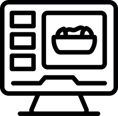 Poster - Line art icon of a computer screen displaying a food ordering system, symbolizing online food delivery and digital restaurant services