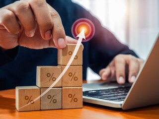 Poster - arrow hit on target icon, graphic on wooden cube blocks as growth graph steps with percentage icon, 