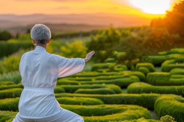 woman practicing tai chi in a lush garden at sunset, peaceful serenity and harmony, green labyrinth, golden hour