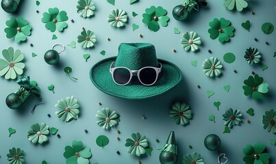 happy st patrick s day banner template flat lay composition,leprechauns hat party eyeglasses confetti decorations on white table