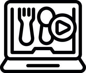 Poster - Laptop displaying a play button, a fork, and a spoon is illustrating the concept of online cooking classes