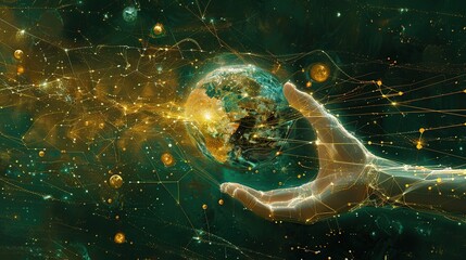 Wall Mural - Hand Holding Earth in a Network of Connections