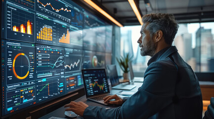 Leinwandbilder - A team of business professionals collaborating in a modern, high-tech conference room. They are engaged in a strategic meeting, with laptops, and a large digital screen displaying charts and graphs.